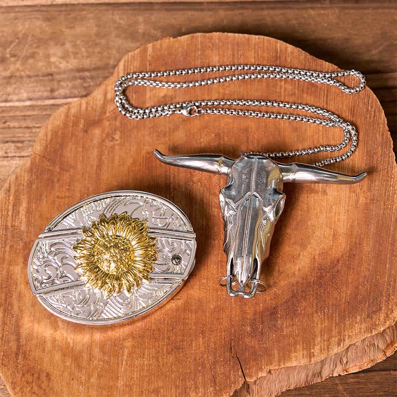 Set di ciondoli a forma di toro longhorn con fibbia per cintura fai da te in oro e argento con coltello nascosto - Girasole - Senza cintura - Cintura non inclusa - image 10