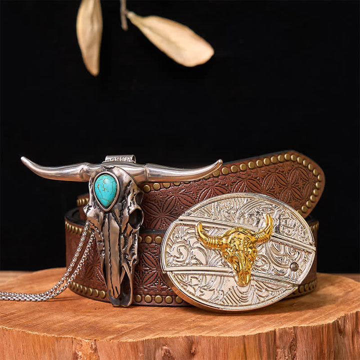 Set di ciondoli con fibbia per cintura fai da te in oro e argento con coltello nascosto e corno di cervo turchese - Toro - Cintura con rivetti marroni - 42 - image 8