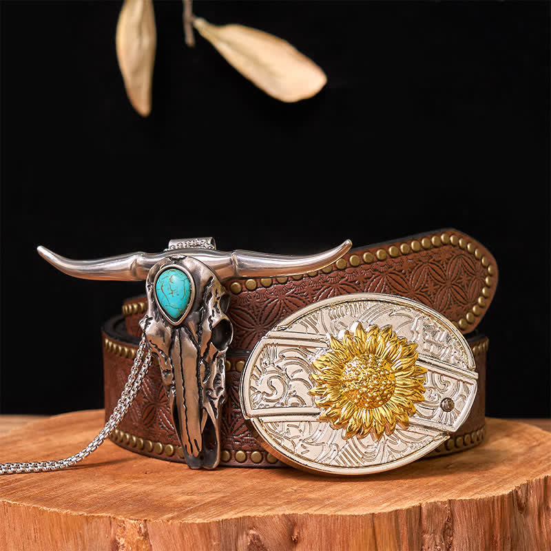 Set di ciondoli con fibbia per cintura fai da te in oro e argento con coltello nascosto e corno di cervo turchese - Girasole - Cintura con rivetti marroni - 42 - image 16