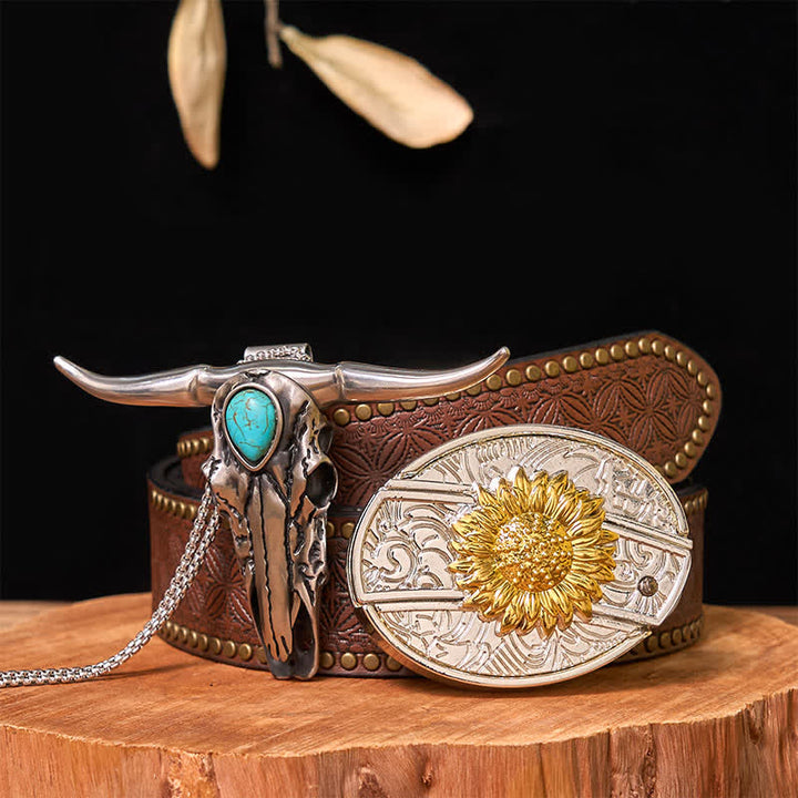 Set di ciondoli con fibbia per cintura fai da te in oro e argento con coltello nascosto e corno di cervo turchese - Girasole - Cintura con rivetti marroni - 42 - image 16