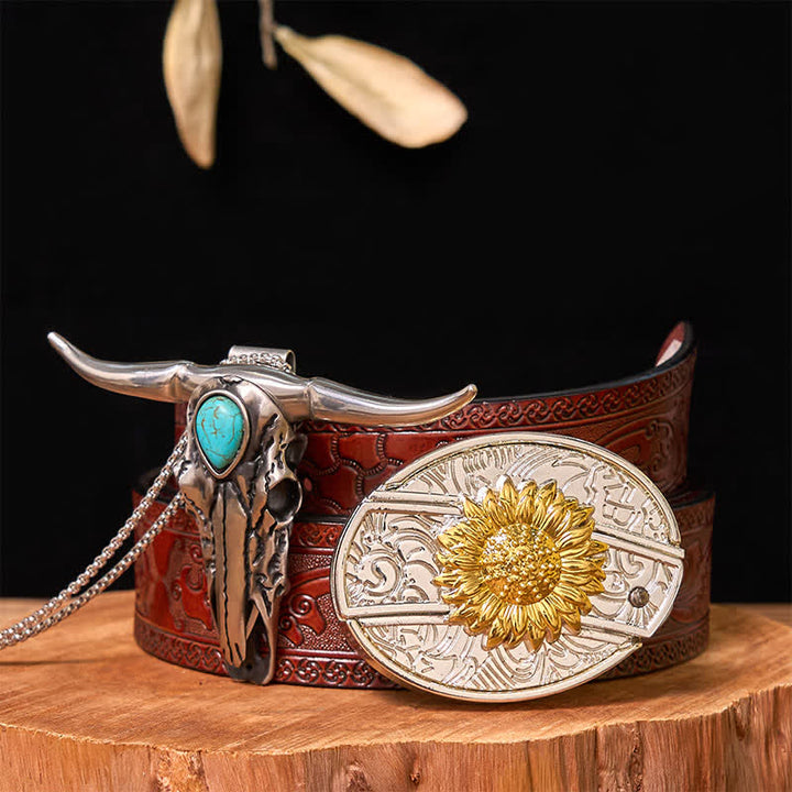 Set di ciondoli con fibbia per cintura fai da te in oro e argento con coltello nascosto e corno di cervo turchese - Girasole - Cintura marrone intagliata - 42 - image 18