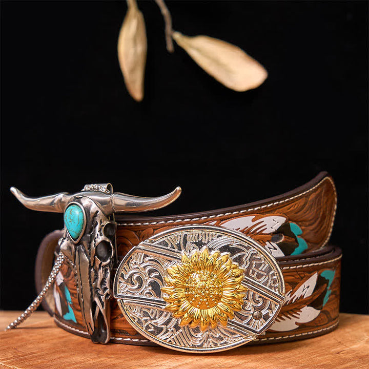 Set di ciondoli con fibbia per cintura fai da te in oro e argento con coltello nascosto e corno di cervo turchese - Girasole - Cintura di piume marroni - 40 - image 19