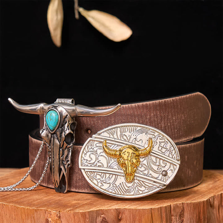 Set di ciondoli con fibbia per cintura fai da te in oro e argento con coltello nascosto e corno di cervo turchese - Toro - Cintura marrone anticata - 42 - image 9