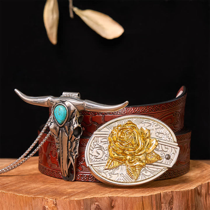 Set di ciondoli con fibbia per cintura fai da te in oro e argento con coltello nascosto e corno di cervo turchese - Rosa - Cintura marrone intagliata - 42 - image 27