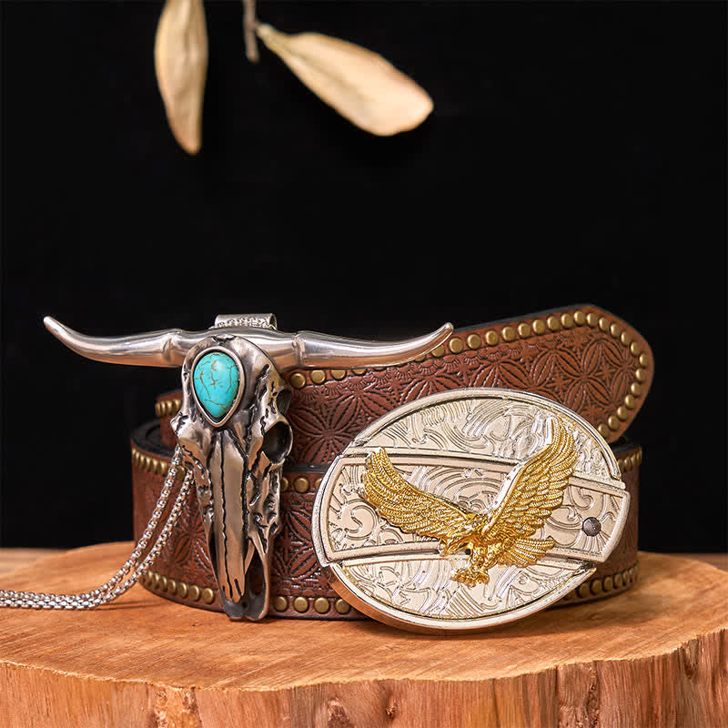 Set di ciondoli con fibbia per cintura fai da te in oro e argento con coltello nascosto e corno di cervo turchese - Aquila - Cintura con rivetti marroni - 42 - image 34