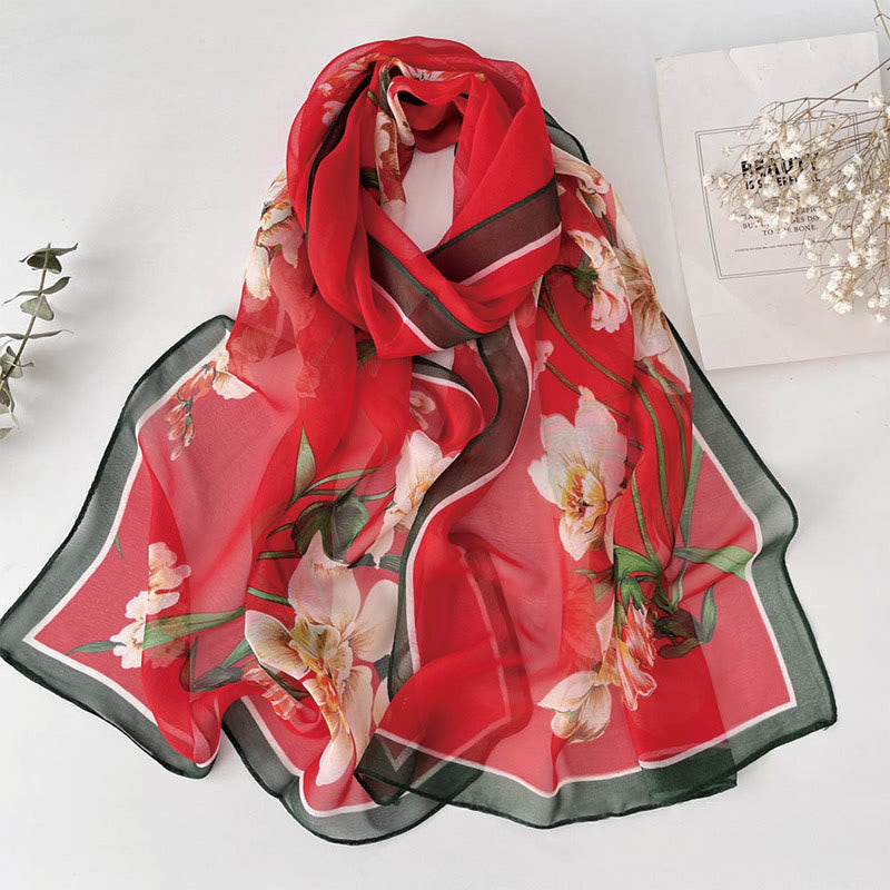 Sciarpa da spiaggia/protezione solare da donna in morbido chiffon estivo con motivo floreale. - #33 Ibisco rosso mutabilis - image 34