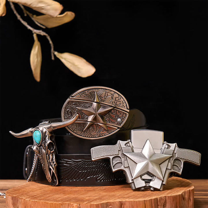 Set di ciondoli a forma di corno di cervo turchese con fibbia per cintura e coltello nascosto a forma di stella fai da te - Stella - Cintura con aquila in rilievo nera - 42 - image 6