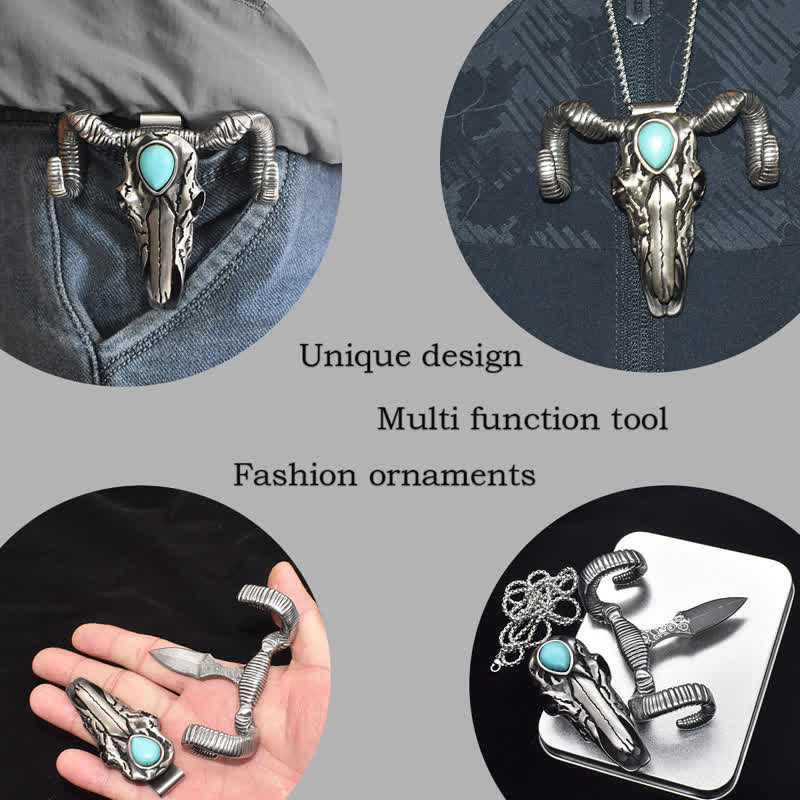 Fibbia per cintura multifunzione in argento con ciondolo a forma di teschio di pecora turchese - image 3