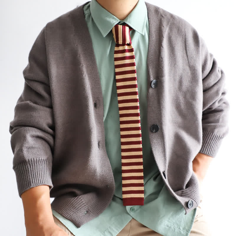 Cravatta lavorata a maglia con motivo vintage in stile britannico da uomo - Rosso e avorio - image 1
