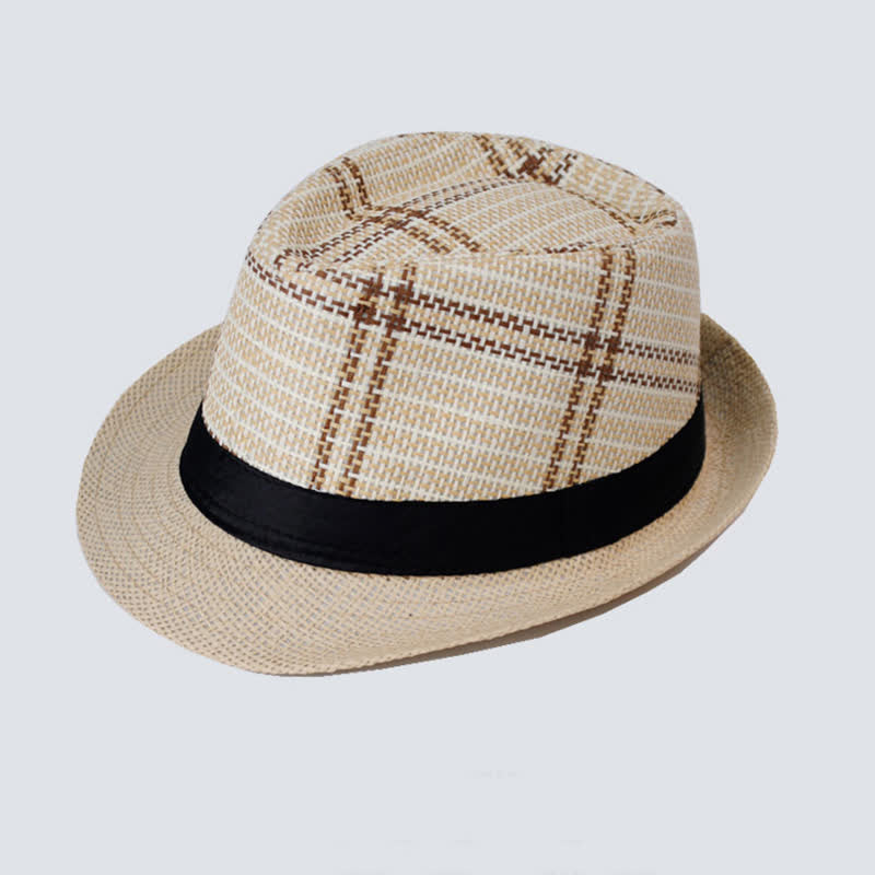 Cappello da uomo in paglia stile bohémien con motivo a quadri - Avorio - Misura M (22"-22 7/8") - image 0