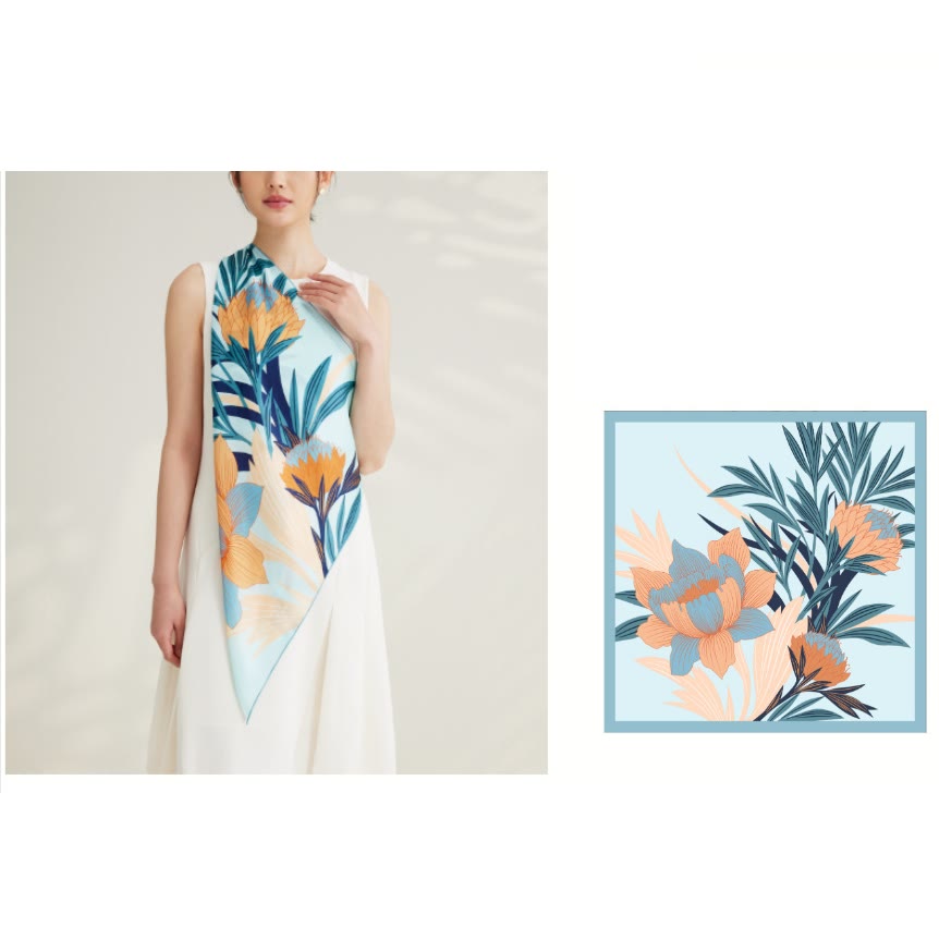 Sciarpa sottile in seta primaverile con motivo floreale Protea da donna - image 1