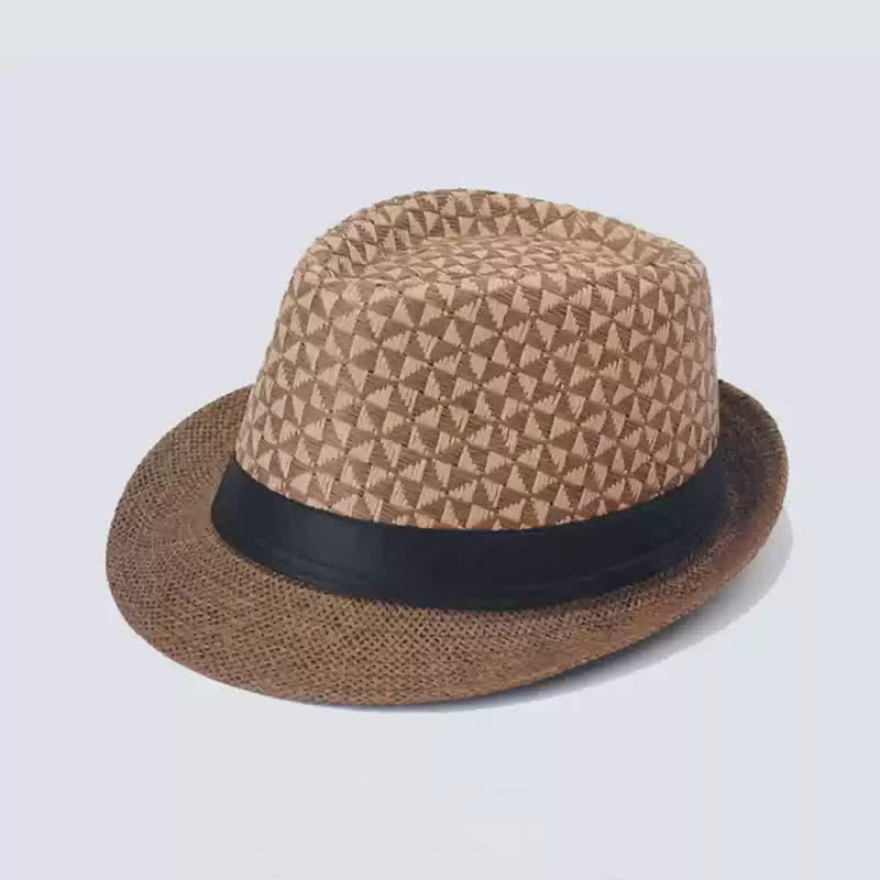 Cappello da spiaggia in paglia Fedora con motivo a quadri classico da uomo - Caffè scuro - Misura M (22"-22 7/8") - image 0