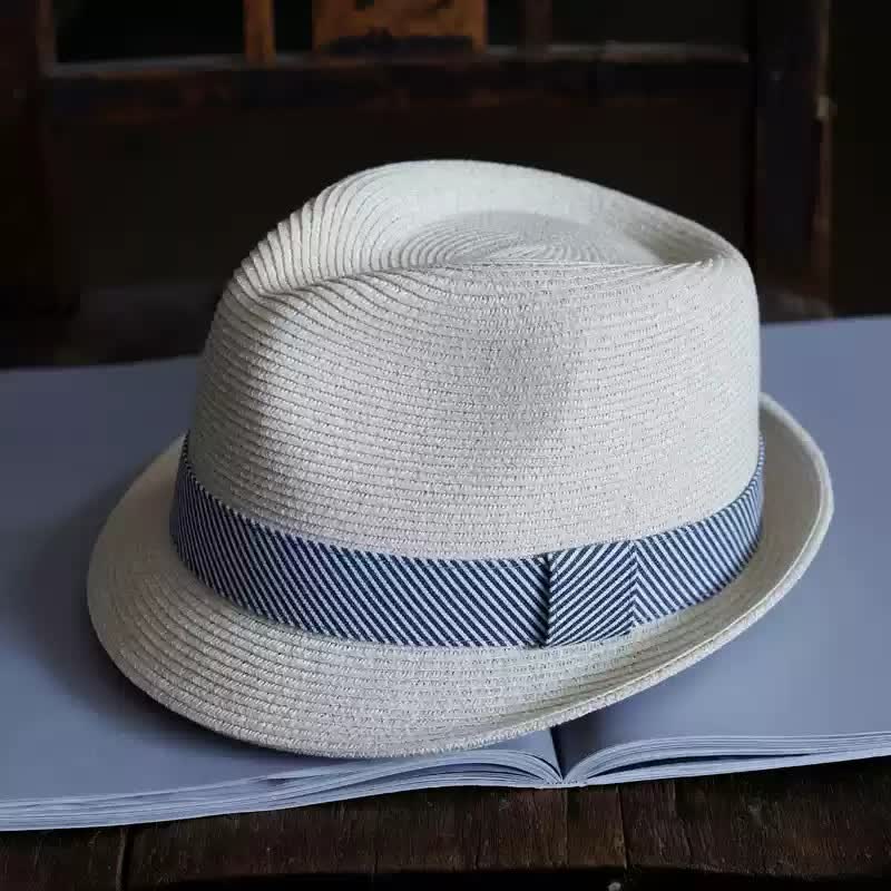 Cappello da spiaggia in paglia Fedora con nastro a righe grazioso da uomo - Avorio - Misura M (22"-22 7/8") - image 0