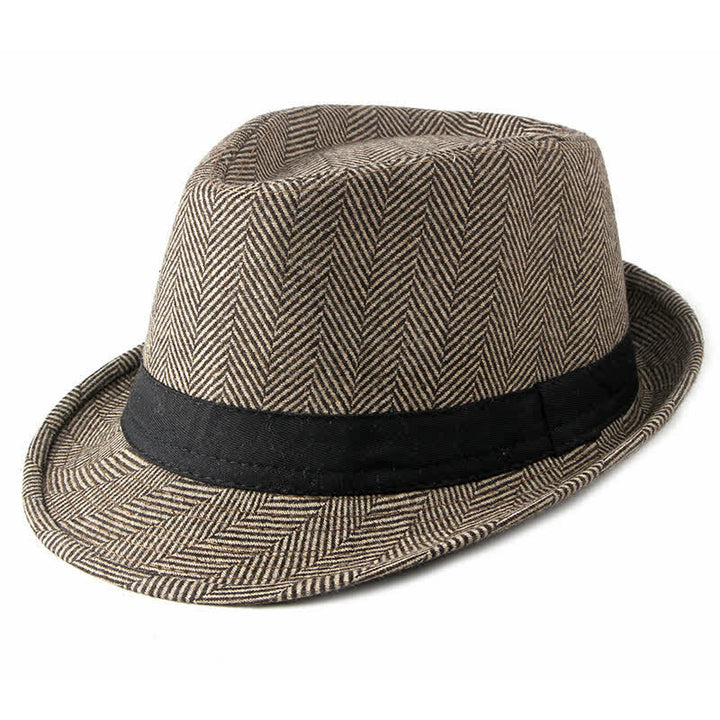 Cappello da uomo Fedora con motivo a spina di pesce e nastro nero - Cachi - Misura M (22"-22 7/8") - image 0