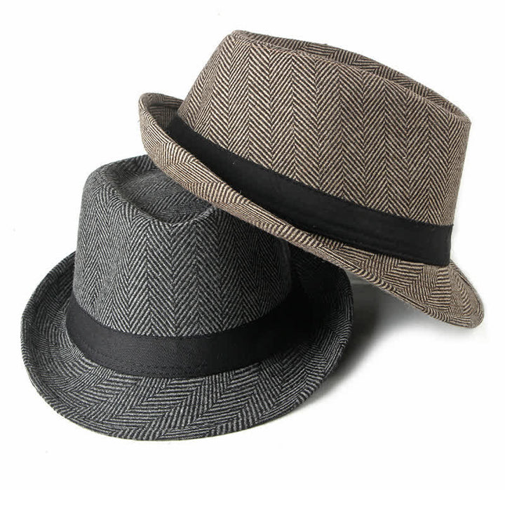 Cappello da uomo Fedora con motivo a spina di pesce e nastro nero - image 1
