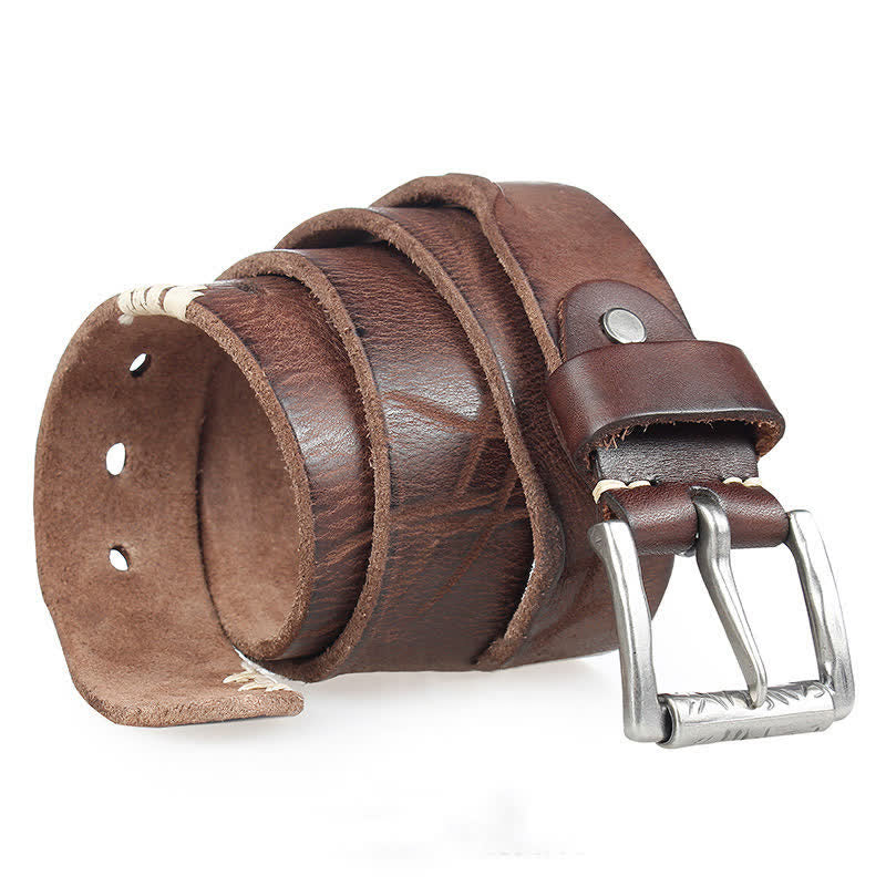 Cintura da uomo in pelle con decoro retrò con linee bianche - image 0