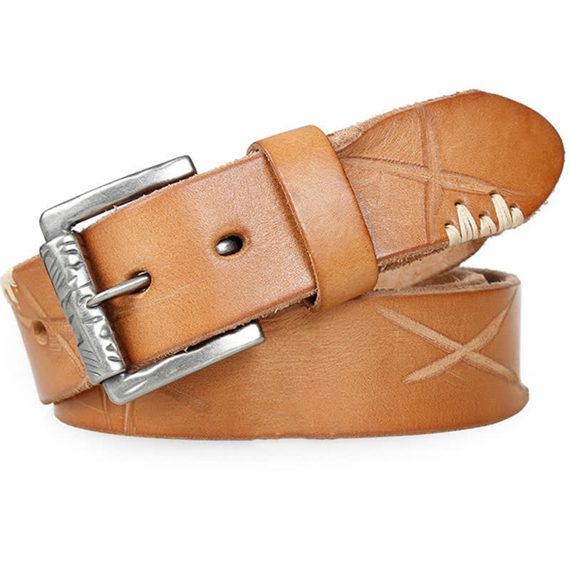 Cintura da uomo in pelle con decoro retrò con linee bianche - image 11