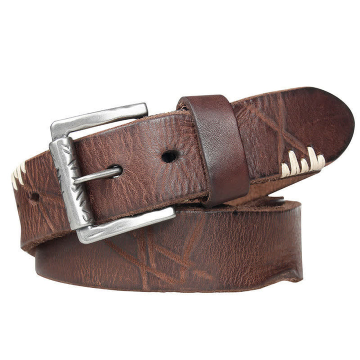Cintura da uomo in pelle con decoro retrò con linee bianche - image 3