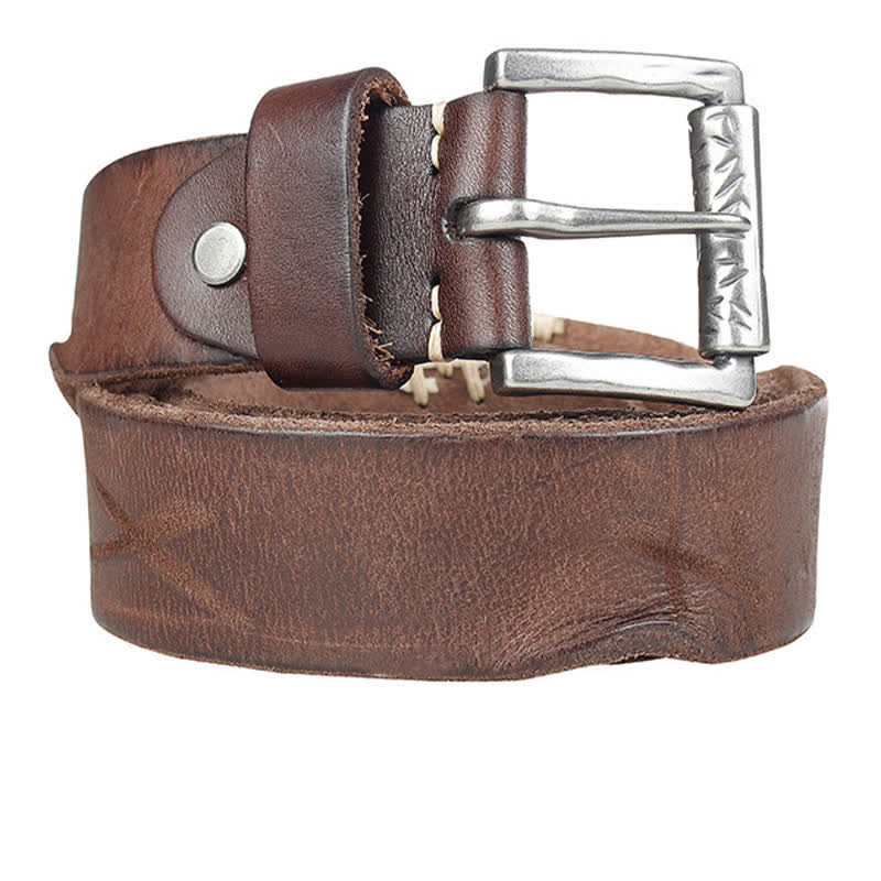 Cintura da uomo in pelle con decoro retrò con linee bianche - image 4