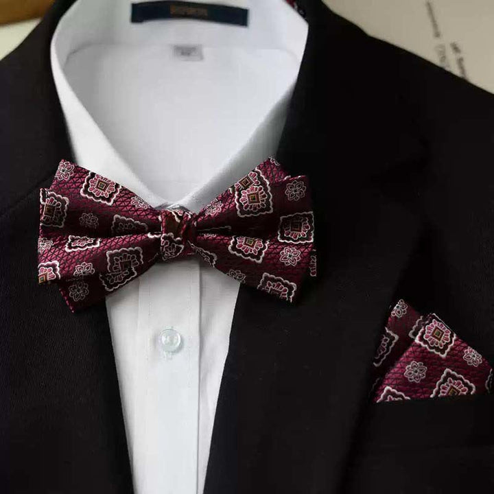 Papillon da uomo con fazzoletto stampato vintage a doppio strato - Stile n. 1 - Papillon + Fazzoletto - image 0