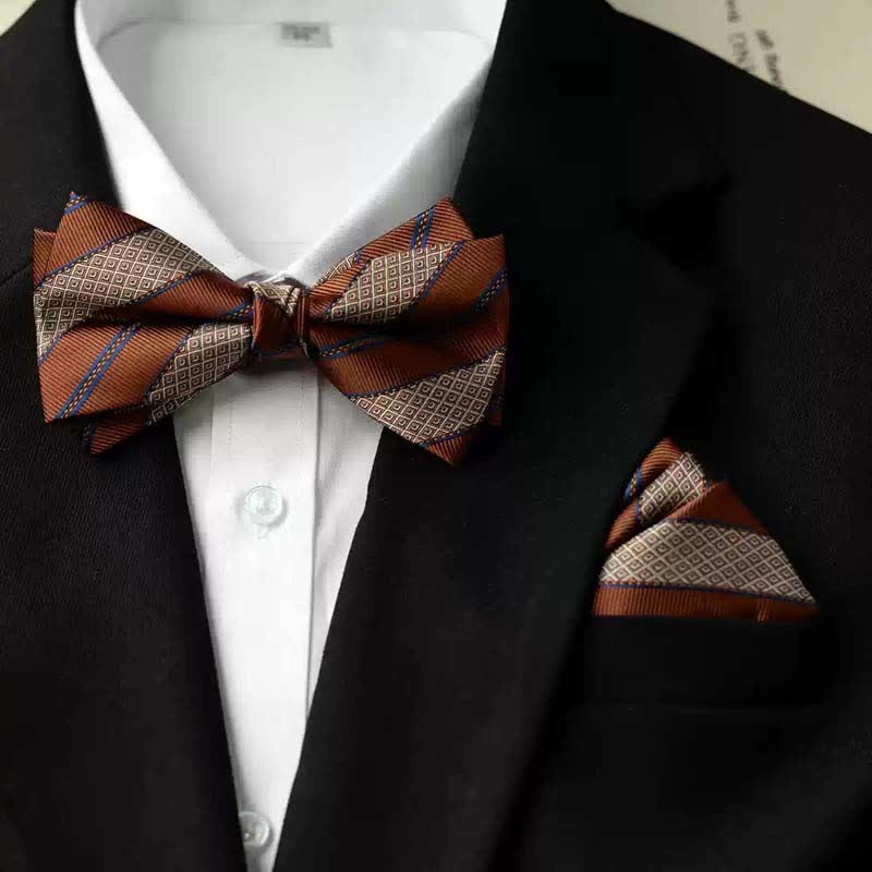 Papillon da uomo con fazzoletto stampato vintage a doppio strato - Stile n. 2 - Papillon + Fazzoletto - image 5