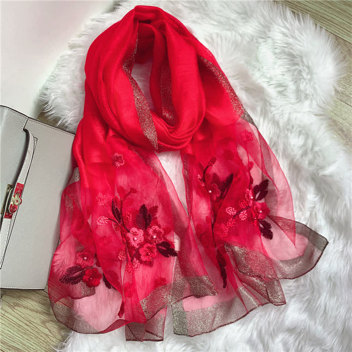 Sciarpa estiva sottile con bordo dorato ricamato con fiori di betulla - Rosso - image 4
