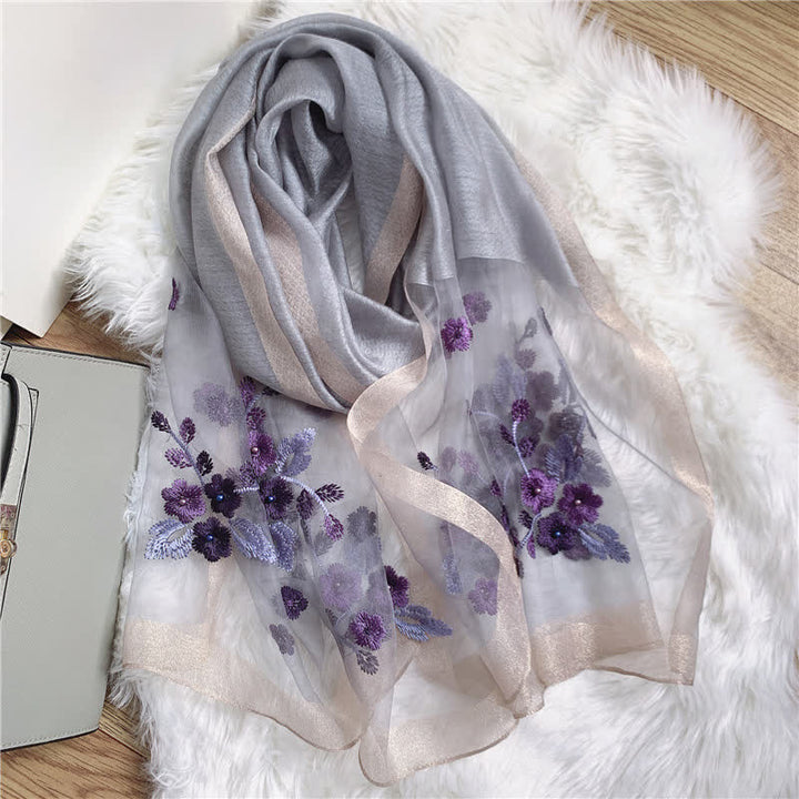 Sciarpa estiva sottile con bordo dorato ricamato con fiori di betulla - Grigio - image 0