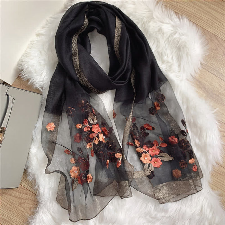 Sciarpa estiva sottile con bordo dorato ricamato con fiori di betulla - Nero - image 8