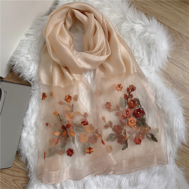 Sciarpa estiva sottile con bordo dorato ricamato con fiori di betulla - Beige - image 7