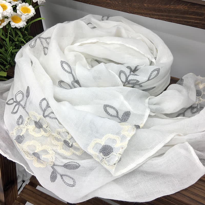 Sciarpa sottile da donna con ricamo floreale in lino e cotone nazionale - Bianco - image 15