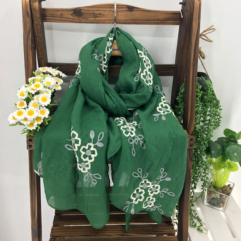 Sciarpa sottile da donna con ricamo floreale in lino e cotone nazionale - Verde - image 0
