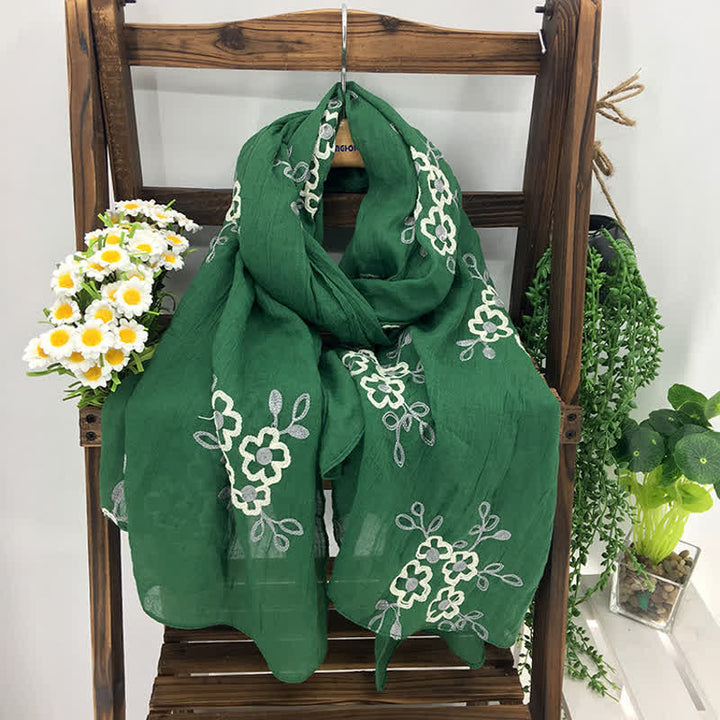 Sciarpa sottile da donna con ricamo floreale in lino e cotone nazionale - Verde - image 0