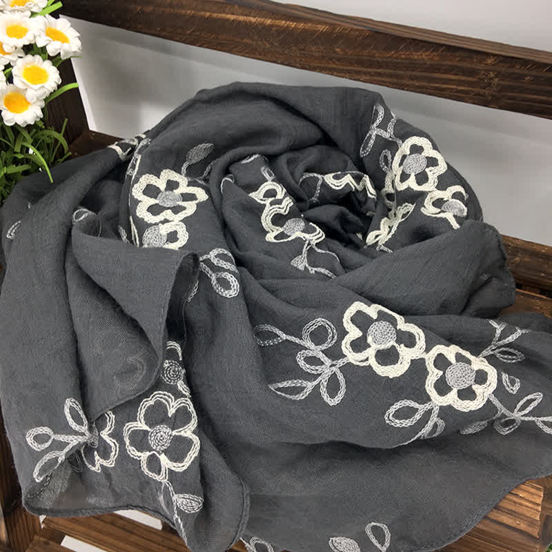 Sciarpa sottile da donna con ricamo floreale in lino e cotone nazionale - Grigio - image 9