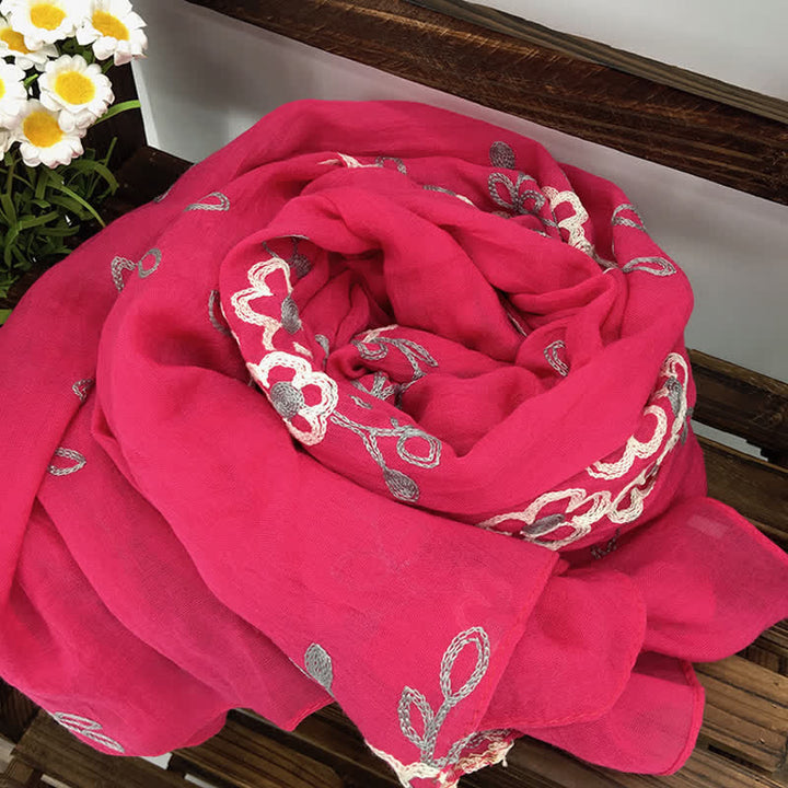 Sciarpa sottile da donna con ricamo floreale in lino e cotone nazionale - Rosa caldo - image 11