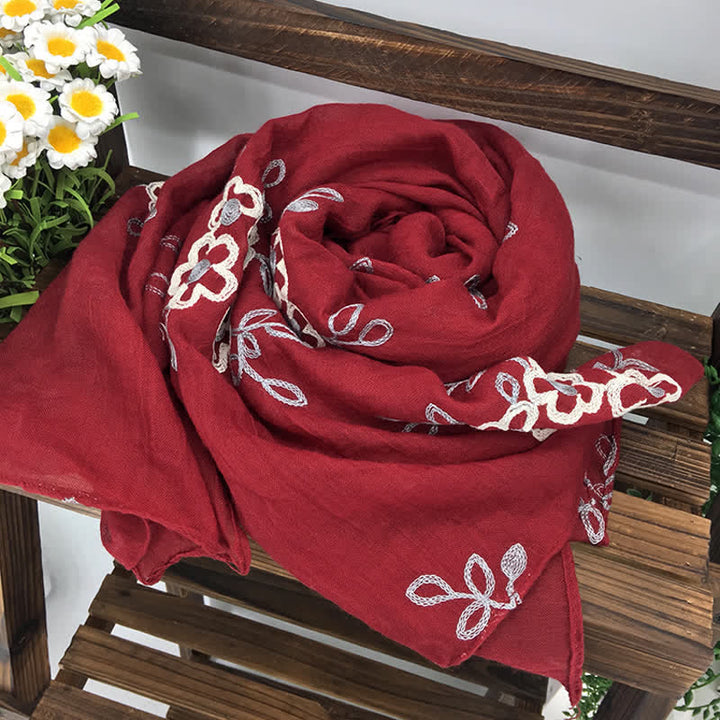 Sciarpa sottile da donna con ricamo floreale in lino e cotone nazionale - Rosso - image 7