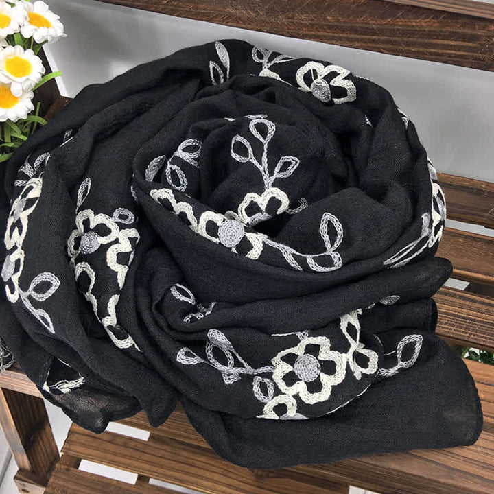 Sciarpa sottile da donna con ricamo floreale in lino e cotone nazionale - Nero - image 5