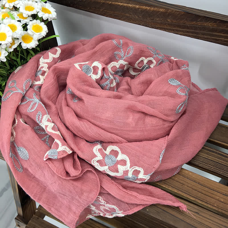 Sciarpa sottile da donna con ricamo floreale in lino e cotone nazionale - Rosa - image 17