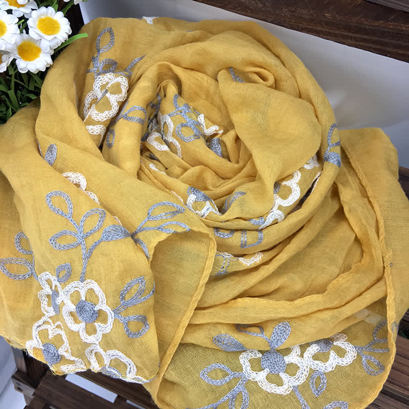 Sciarpa sottile da donna con ricamo floreale in lino e cotone nazionale - Giallo - image 2
