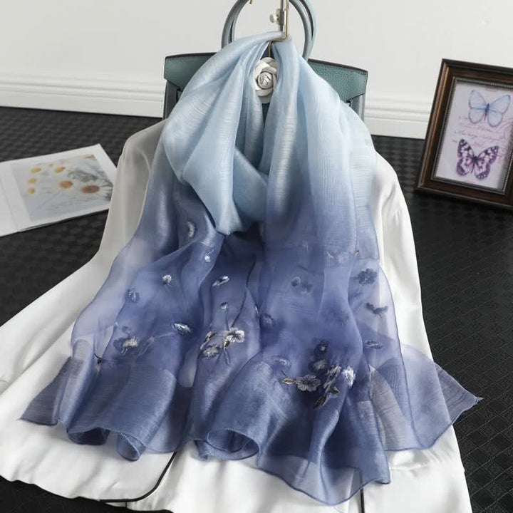 Sciarpa sottile con ricamo floreale sfumato da donna - Blu - image 0