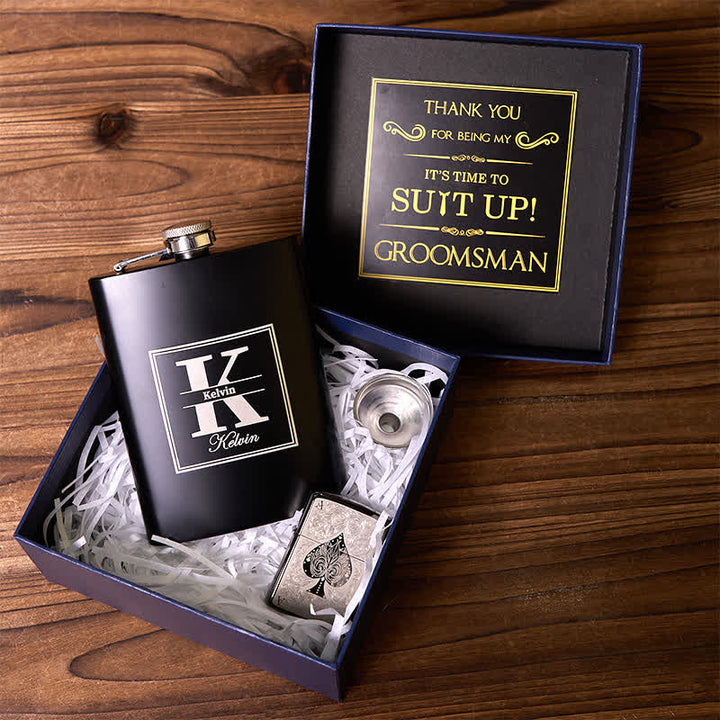 Accendino ACE of Spades, 2 pezzi, personalizzabile, confezione regalo per sposo, fiaschetta nera - Pacchetto Set - image 0
