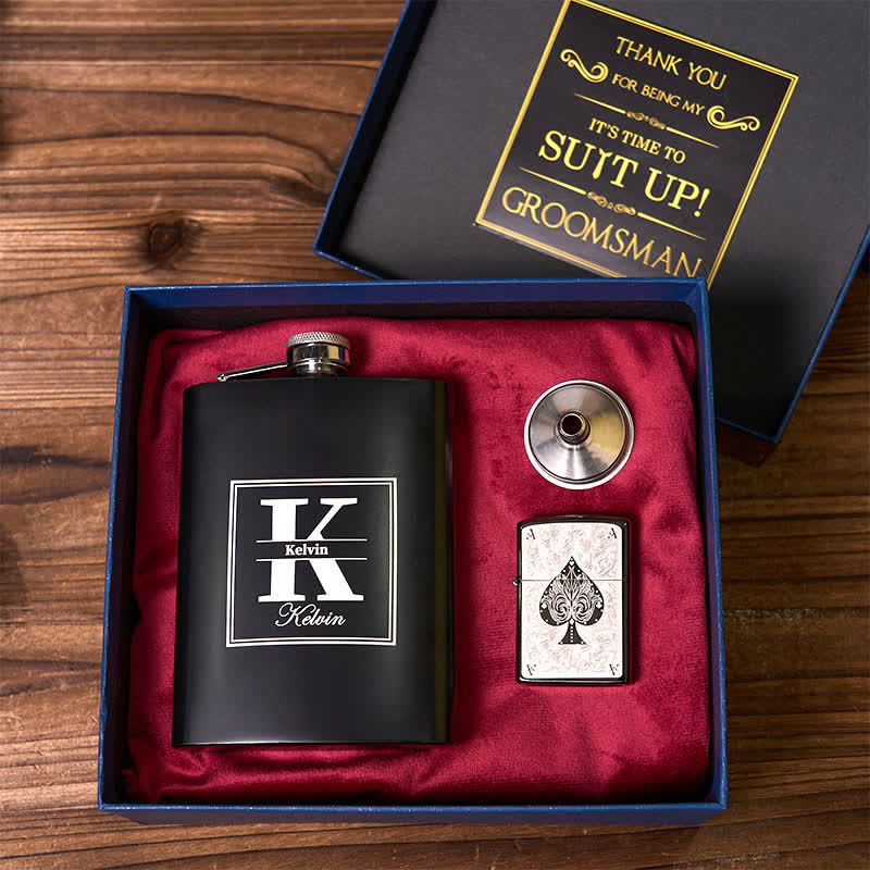 Accendino ACE of Spades, 2 pezzi, personalizzabile, confezione regalo per sposo, fiaschetta nera - image 1