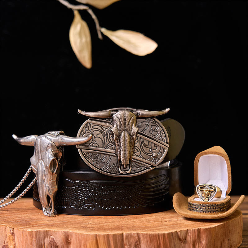 Fibbia per cintura fai da te con coltello nascosto a forma di mucca western con set di anelli per tori - Tori - Cintura con aquila in rilievo nera - 42 - image 5