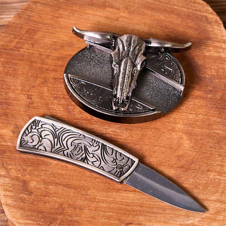 Fibbia per cintura fai da te con coltello nascosto a forma di mucca western con set di anelli per tori - image 3