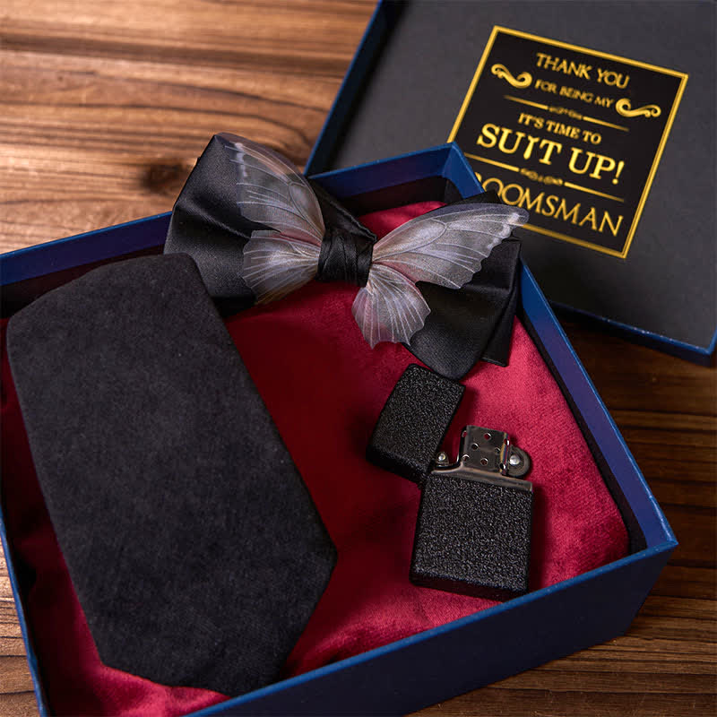 3 pezzi cravatta a farfalla a tema nero papillon smerigliato accendino groomsmen scatola regalo - image 1