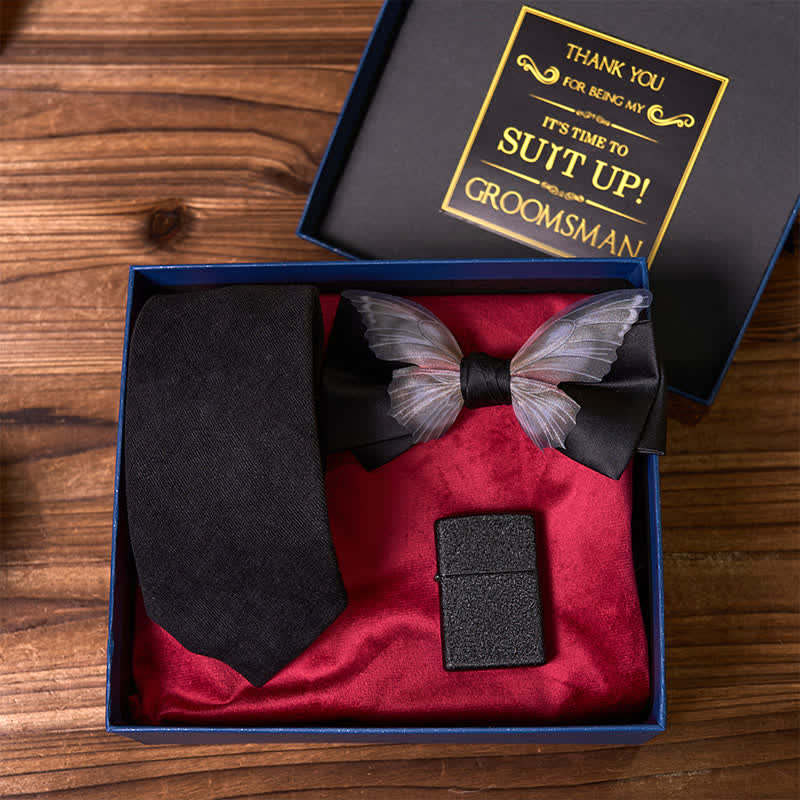 3 pezzi cravatta a farfalla a tema nero papillon smerigliato accendino groomsmen scatola regalo - image 2
