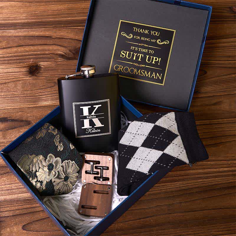 4 pezzi cravatta gemelli calzini set completo fiaschetta personalizzabile scatola regalo sposo - Pacchetto Set - image 0