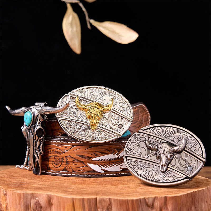 Set di fibbie per cintura fai da te con coltello a forma di toro in oro e argento e ciondolo a forma di corno di cervo turchese - Tori d'oro e d'argento - Cintura di piume marroni - 40 - image 6