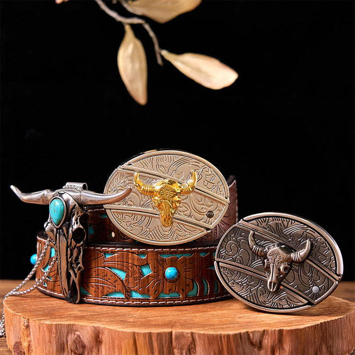 Set di fibbie per cintura fai da te con coltello a forma di toro in oro e argento e ciondolo a forma di corno di cervo turchese - Tori d'oro e d'argento - Cintura intagliata turchese - 42 - image 3