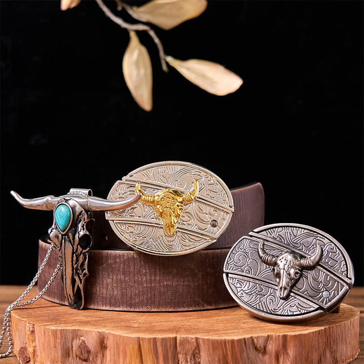 Set di fibbie per cintura fai da te con coltello a forma di toro in oro e argento e ciondolo a forma di corno di cervo turchese - Tori d'oro e d'argento - Cintura marrone anticata - 42 - image 4