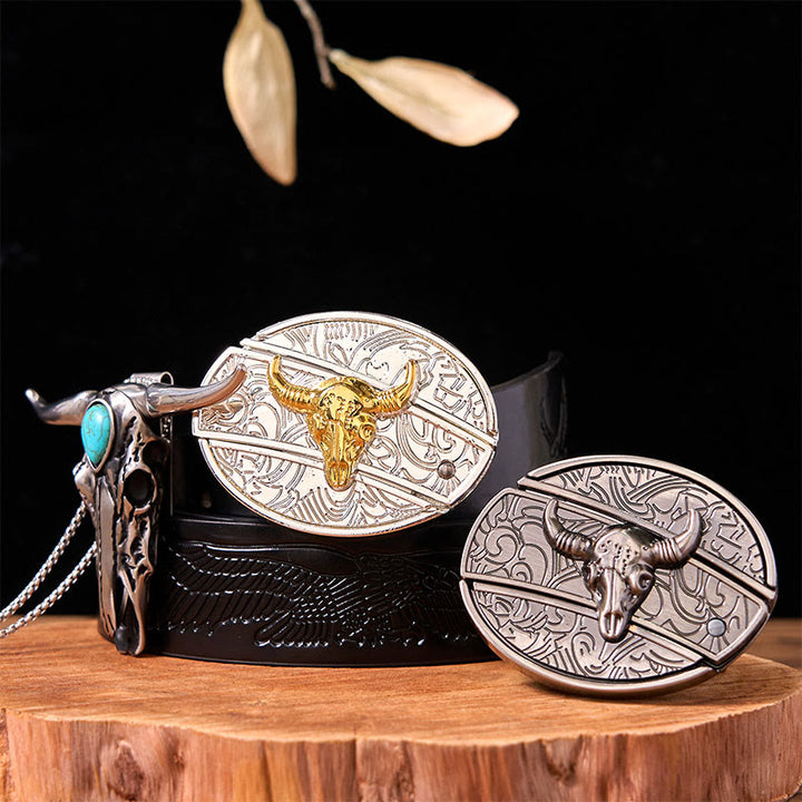 Set di fibbie per cintura fai da te con coltello a forma di toro in oro e argento e ciondolo a forma di corno di cervo turchese - Tori d'oro e d'argento - Cintura con aquila in rilievo nera - 42 - image 2